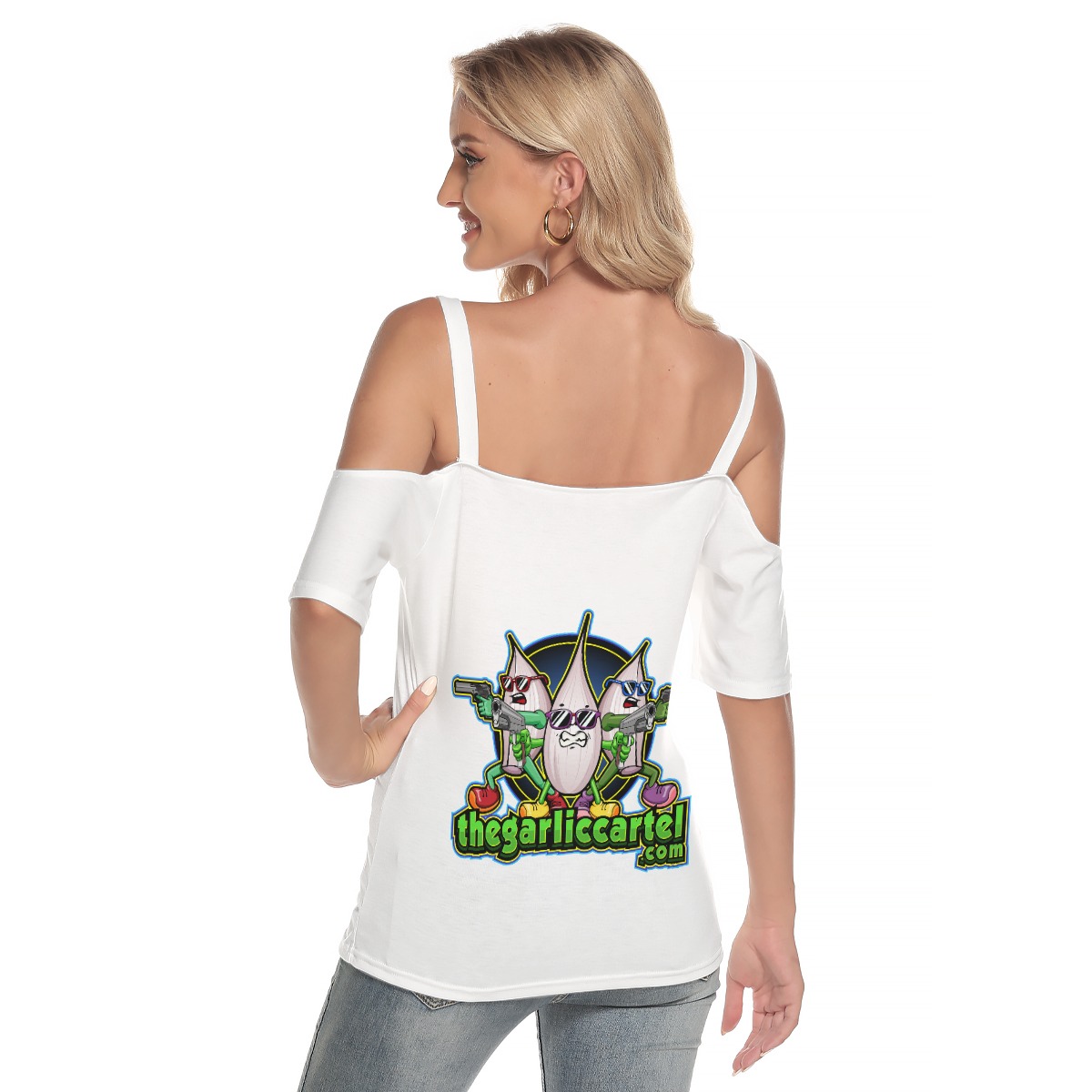 The Garlic Cartel Women's Cold Shoulder T-shirt With Criss Cross Strips - Image 4
